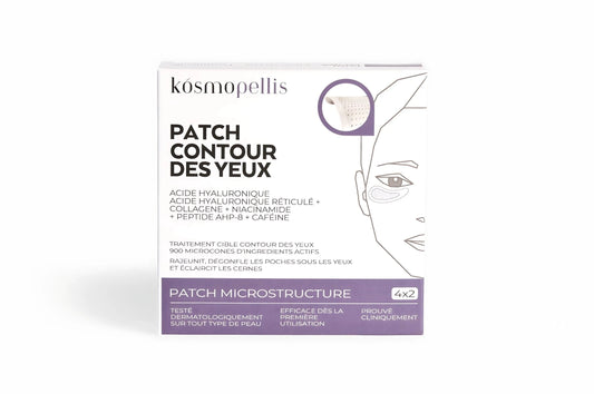 Box of microneedle eye contour patches containing active ingredients to treat dark circles, wrinkles, and puffiness